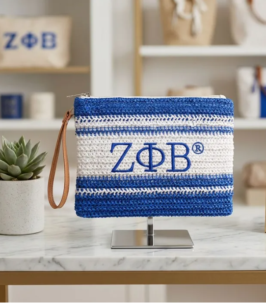 ΖΦΒ Blue & White Raffia Embroidered Pouch Bag