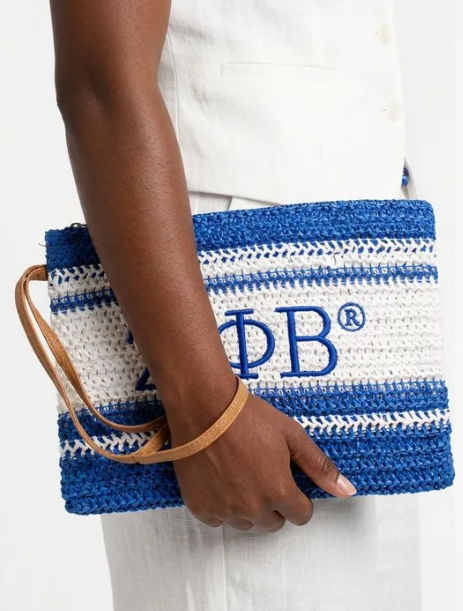 ΖΦΒ Blue & White Raffia Embroidered Pouch Bag